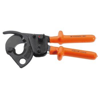Facom VSE series 1,000 Volt insulated ratchet cable cutter with orange handles and black cutting head for electrical work safety.