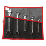 Set of five metric flare-nut wrenches angled at 15 degrees in a red and black tool roll, ideal for automotive and mechanical work.