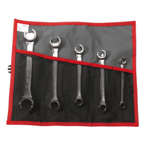 Set of five metric flare-nut wrenches angled at 15 degrees in a red and black tool roll, ideal for automotive and mechanical work.