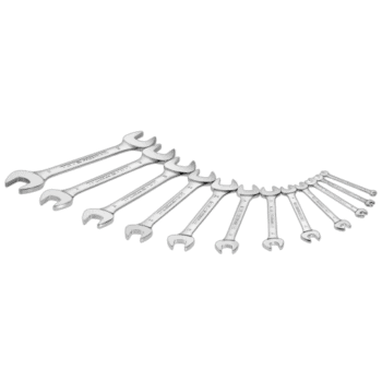 Set of metric open ring wrenches arranged in a semi-circle, varying in size for different fasteners.
