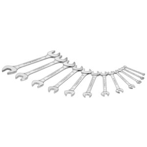 Set of metric open ring wrenches arranged in increasing size on a white background.
