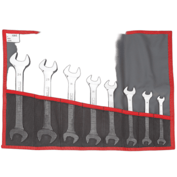 Set of Facom 44 metric open ring wrench sets with a storage pouch, featuring sizes from 8 to 24 millimetres, ideal for automotive and mechanical repairs.