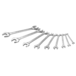 Set of metric open ring wrenches arranged in increasing size, ideal for automotive and mechanical repairs.