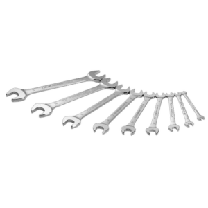 Set of metric open ring wrenches arranged in increasing size, ideal for automotive and mechanical repairs.