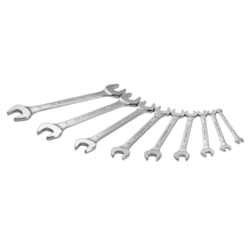Set of metric open ring wrenches arranged in increasing size, ideal for automotive and mechanical repairs.