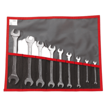Set of metric open ring wrench sets in a red and grey tool roll, ideal for automotive and mechanical repairs.