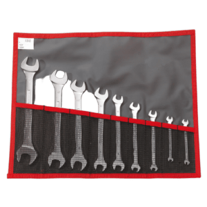 Set of Facom 44-JU8T 44-inch open ring wrench sets in a red and grey tool roll for professional automotive and mechanical work.
