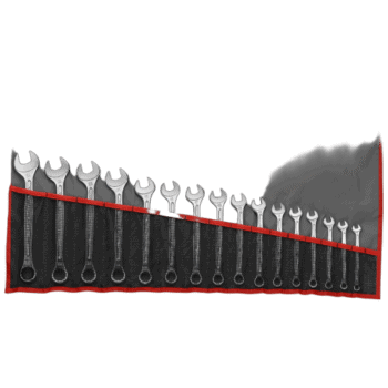 Set of metric combination wrenches arranged in a roll-up pouch for automotive and mechanical work.
