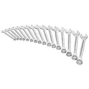 Set of metric combination wrenches arranged in increasing size on a black background.