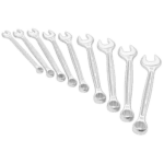 Set of metric combination wrenches with open and box ends, arranged on a black background for automotive and mechanical use.