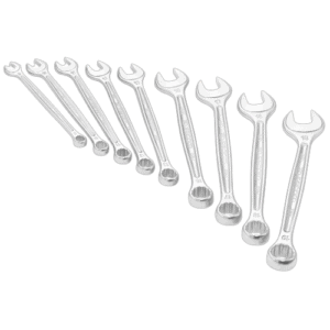 Set of metric combination wrenches with open and box ends, arranged on a black background for automotive and mechanical use.