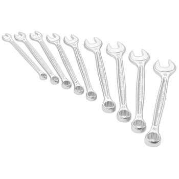 Set of metric combination wrenches with open and box ends, arranged on a black background for automotive and mechanical use.