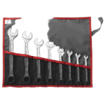 Set of metric combination wrenches in a black and red roll-up pouch, ideal for automotive and mechanical work.