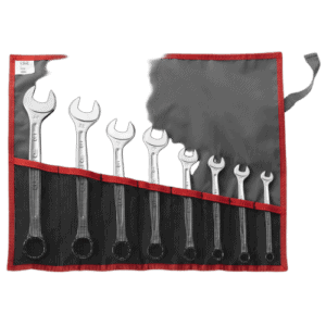 Set of metric combination wrenches in a black and red roll-up pouch, ideal for automotive and mechanical work.