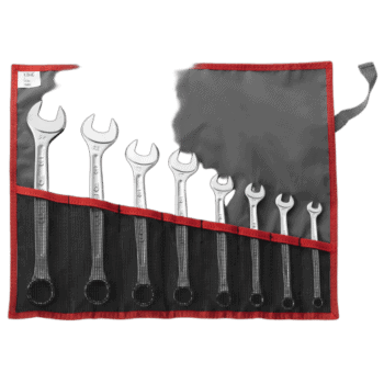 Set of metric combination wrenches in a black and red roll-up pouch, ideal for automotive and mechanical work.