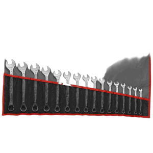 Set of Facom 440.JU17T inch combination wrenches arranged in a roll-up tool pouch.