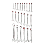 Set of metric combination wrenches with open and box ends, arranged in order of size on a green background.