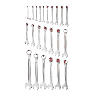 Set of metric combination wrenches with open and box ends, arranged in order of size on a green background.