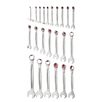 Set of metric combination wrenches with open and box ends, arranged in order of size on a green background.