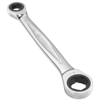 Facom straight ratchet ring wrench with 14mm and 19mm openings, made of durable metal for automotive and mechanical work.