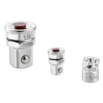 Set of three Facom adaptors for 10 mm and 19 mm wrenches to 1/4 and 1/2 drive, displayed against a black background.