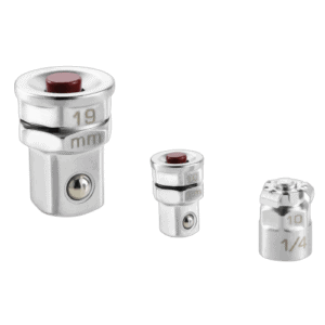 Set of three Facom adaptors for 10 mm and 19 mm wrenches to 1/4 and 1/2 drive, displayed against a black background.