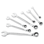 Set of metric ratchet combination wrenches with open and ring ends, made of polished chrome steel.