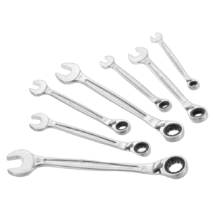 Set of metric ratchet combination wrenches with open and ring ends, made of polished chrome steel.