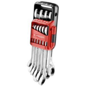 Facom 467B set of metric and inch combination wrenches in a portable case, ideal for professional toolkits.