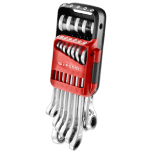 Facom 467B set of metric and inch combination wrenches in a portable case for professional tool storage.