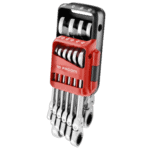 Facom metric hinged ratchet combination wrench set in a red and black portable case with labelled sizes.