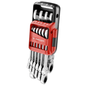 Facom metric hinged ratchet combination wrench set in a red and black portable case with labelled sizes.