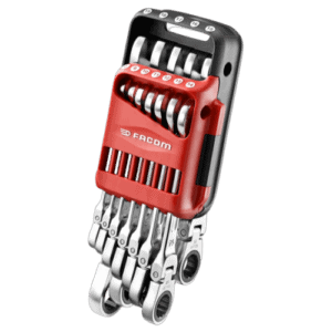 Facom metric hinged ratchet combination wrench set in portable case, ideal for professional automotive and mechanical work.