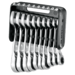 Facom short ratchet combination wrench set in a portable case with sizes from 7 to 17 mm, ideal for automotive and mechanical work.