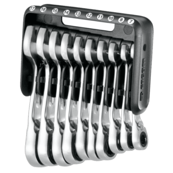 Facom short ratchet combination wrench set in a portable case with sizes from 7 to 17 mm, ideal for automotive and mechanical work.