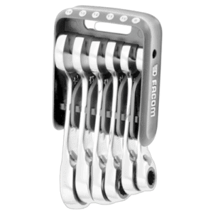 Facom short ratchet combination wrench set in a portable case, ideal for automotive and mechanical repairs.