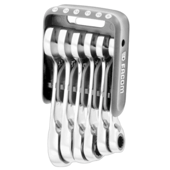 Facom short ratchet combination wrench set in a portable case, ideal for automotive and mechanical repairs.