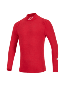 Red Alpinestars ZX Evo V3 Race Top Long Sleeve for motorcycle racing, featuring high-performance fabric and protective shoulder details.