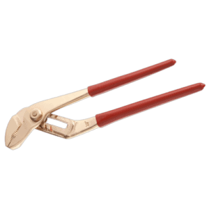 Non sparking multigrip pliers with red handles, ideal for safe electrical work and hazardous environments.