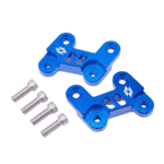 Blue aluminium racing car suspension mounts with four silver bolts, designed for high-performance motorsport applications.