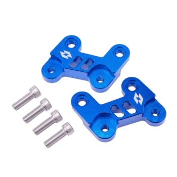 Blue aluminium racing car suspension mounts with four silver bolts, designed for high-performance motorsport applications.