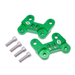 Green aluminium racing part with four silver screws, designed for motorsport applications, featuring white logo markings.
