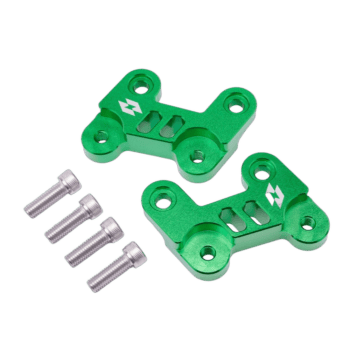 Green aluminium racing part with four silver screws, designed for motorsport applications, featuring white logo markings.