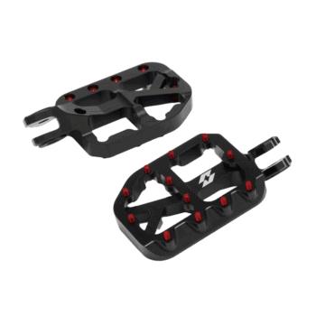 High-performance racing footpegs for motorcycle racing, featuring durable black construction with red accents for enhanced grip and stability.