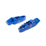Blue racing footpegs for motorcycle racing, designed for durability and grip, ideal for Grand Prix racewear enthusiasts.