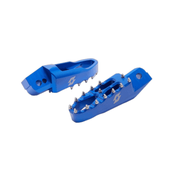 Blue racing footpegs for motorcycle racing, designed for durability and grip, ideal for Grand Prix racewear enthusiasts.