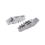 Silver motorcycle footpegs with a sleek design, suitable for racing and high-performance bikes, from Grand Prix Racewear.