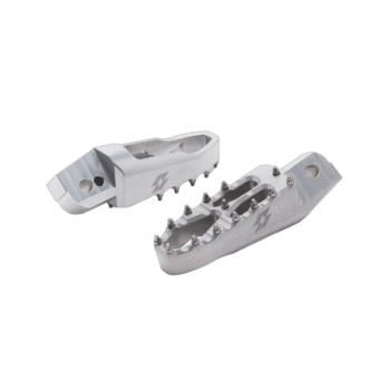 Silver motorcycle footpegs with a sleek design, suitable for racing and high-performance bikes, from Grand Prix Racewear.