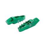 Green racing footpegs for motorcycle racing, featuring durable metal spikes and ergonomic design for enhanced grip and control.