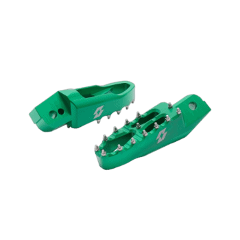 Green racing footpegs for motorcycle racing, featuring durable metal spikes and ergonomic design for enhanced grip and control.